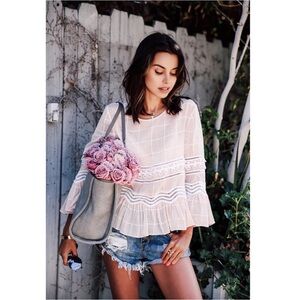 Jonathan Simkhai Voile Grid Top in Pink Embroidered Lace, Small